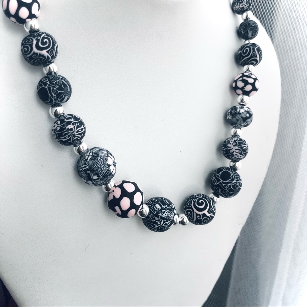 Handmade Polymer Clay Beaded Necklace Black & White | 17” | Statement Jewelry